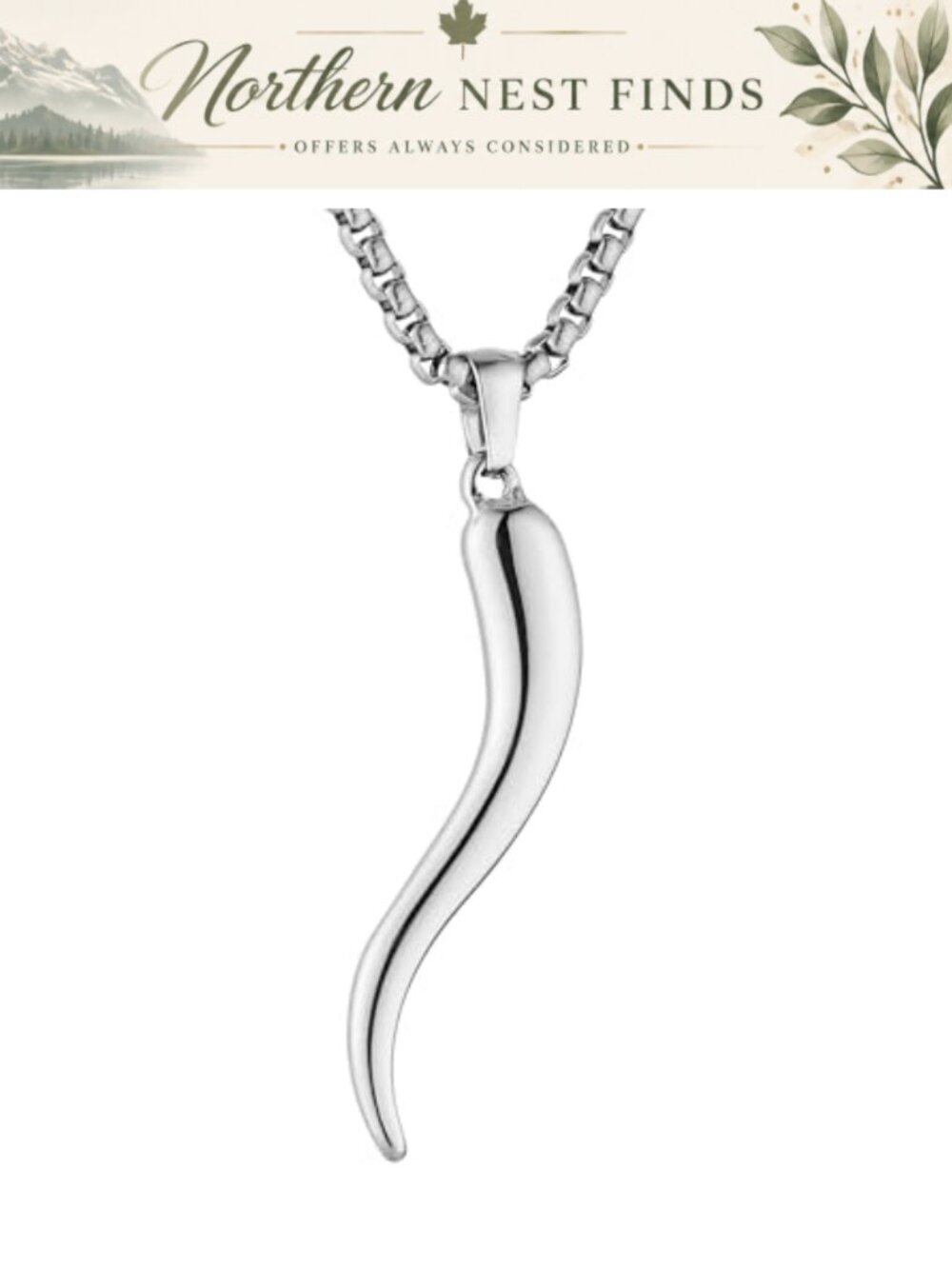 Italian Horn Necklace High Polished Stainless Steel Cornicello Pendant